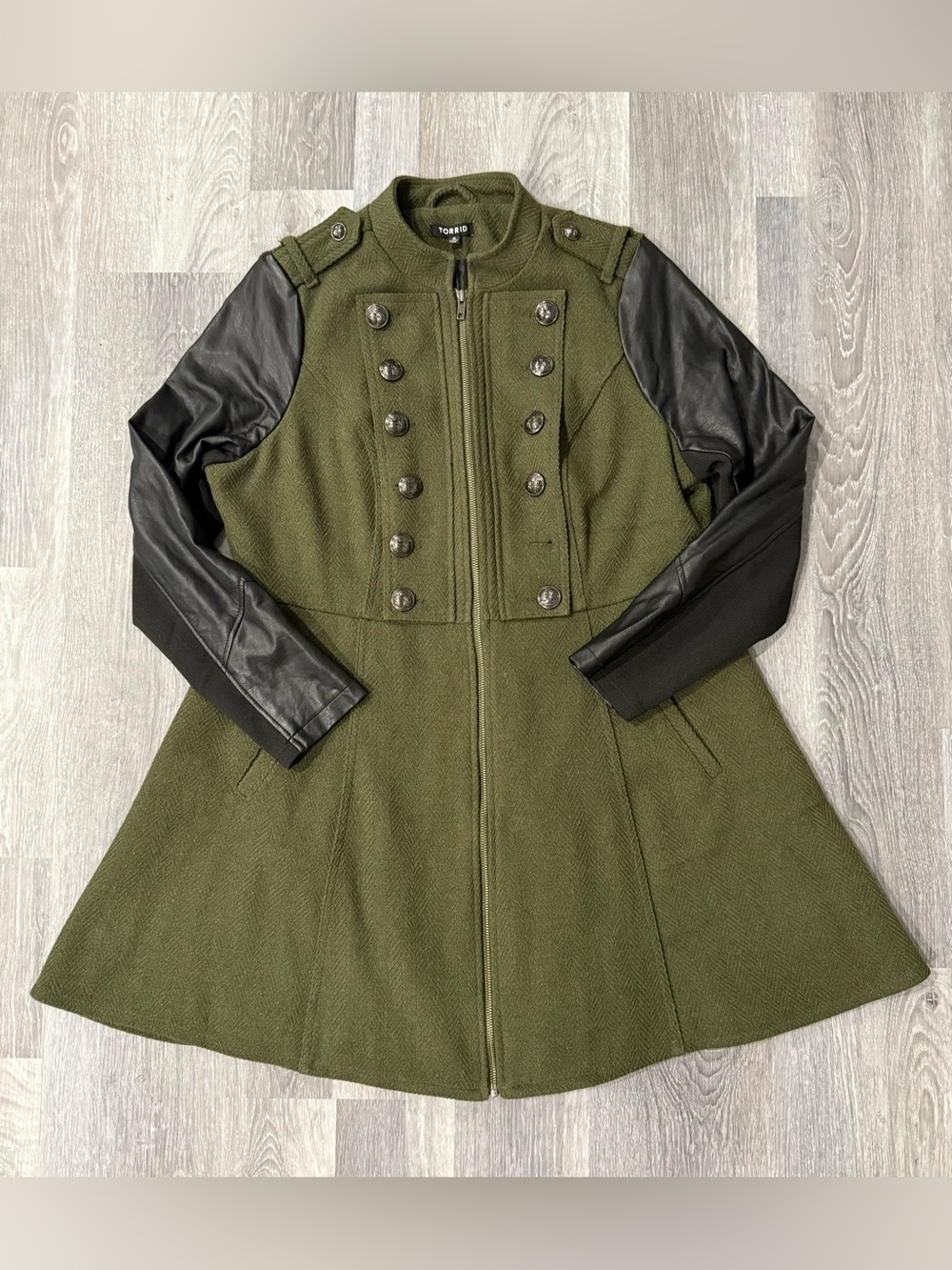 Torrid Olive Green Military-Style Trench Coat with Black Sleeves 0X